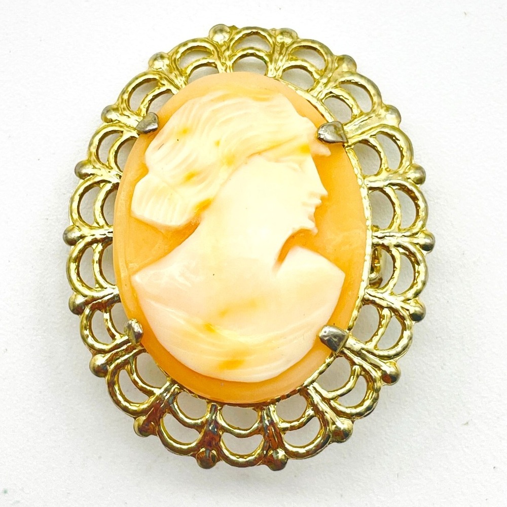 Cameo Brooch Gold Tone Filigree Frame Oval Lady Portrait Pin Victorian Style